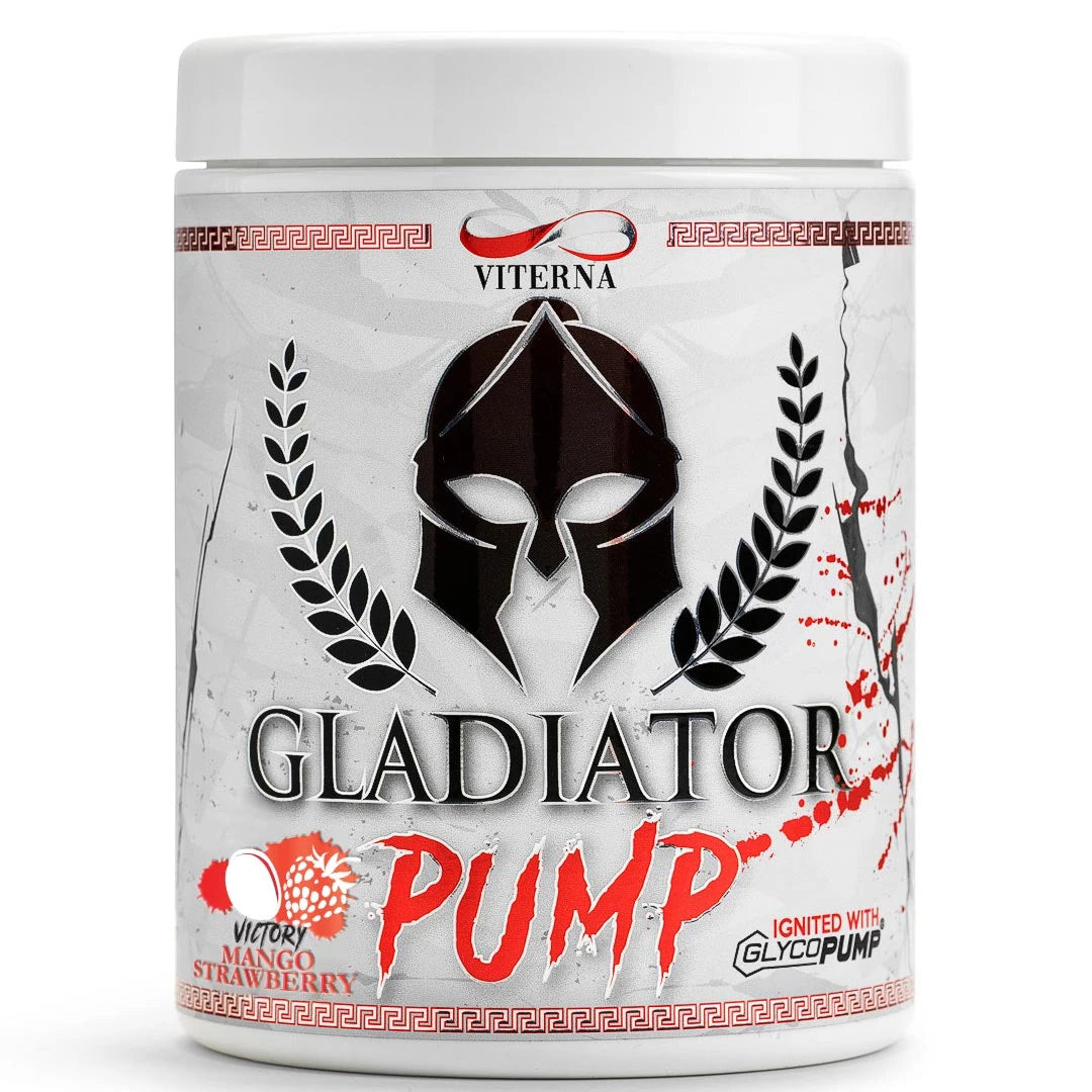 Viterna Gladiator Pump 440 g i en vit burk med svart gladiatorhjälm och röda detaljer, smak Strawberry Mango., bild 1 av 2