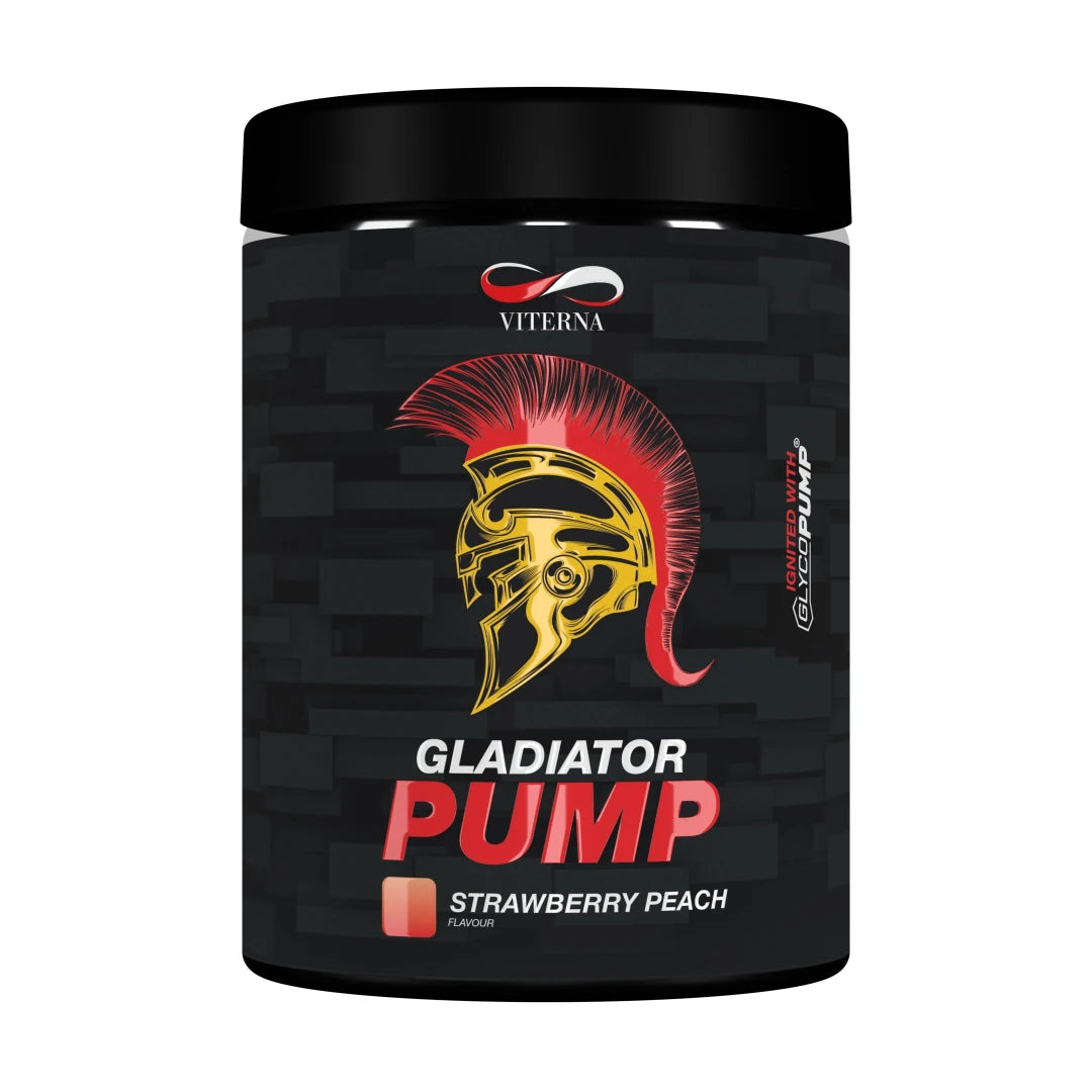 Viterna Gladiator Pump 440 g i en svart burk med guldiga och röda detaljer för smaken Strawberry Peach., bild 2 av 2