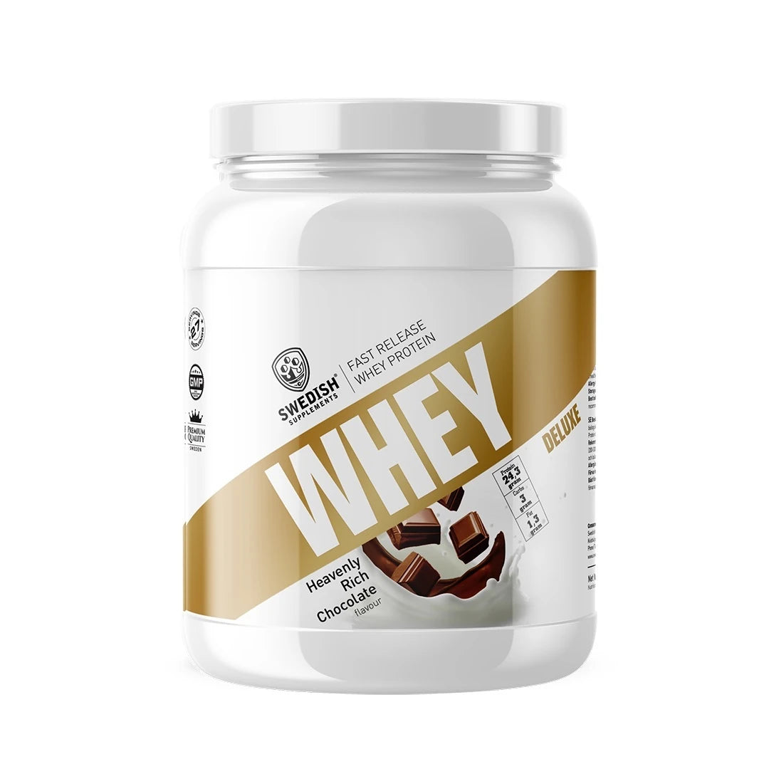 Swedish Supplements Whey Protein Deluxe 900 g -proteiinijauhe valkoisessa purkissa kultaisin yksityiskohdin, makuna Heavenly Rich Chocolate., kuva 4/4