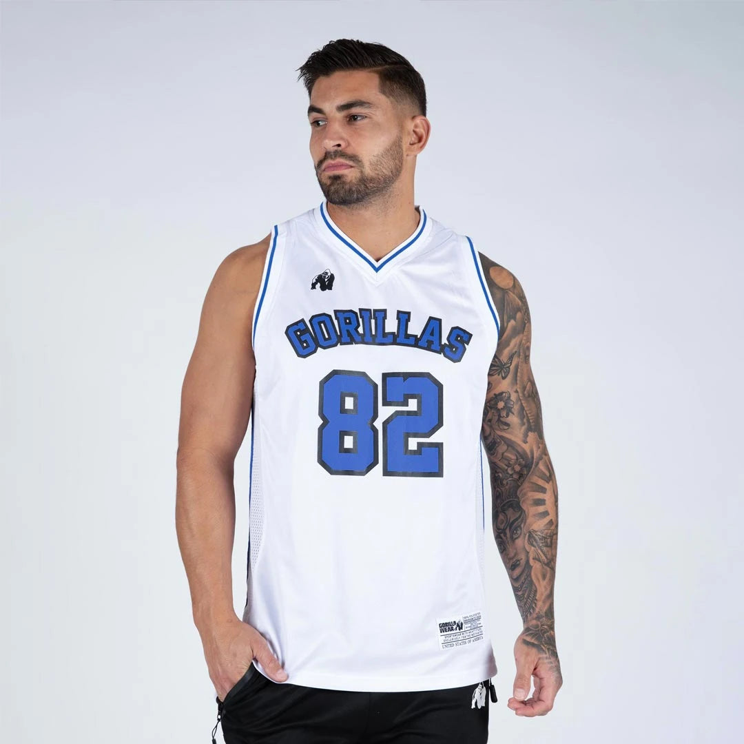 Gorilla Wear San Mateo Jersey Tank Top white/blue, valkoinen v-aukkoinen mesh-treenitoppi sinisellä painatuksella.