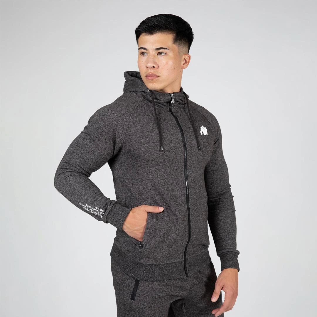 Tummanharmaa Gorilla Wear Payette Zipped Hoodie grey -huppari vetoketjulla, kengurutaskuilla ja valkoisella rintalogolla., kuva 2/8