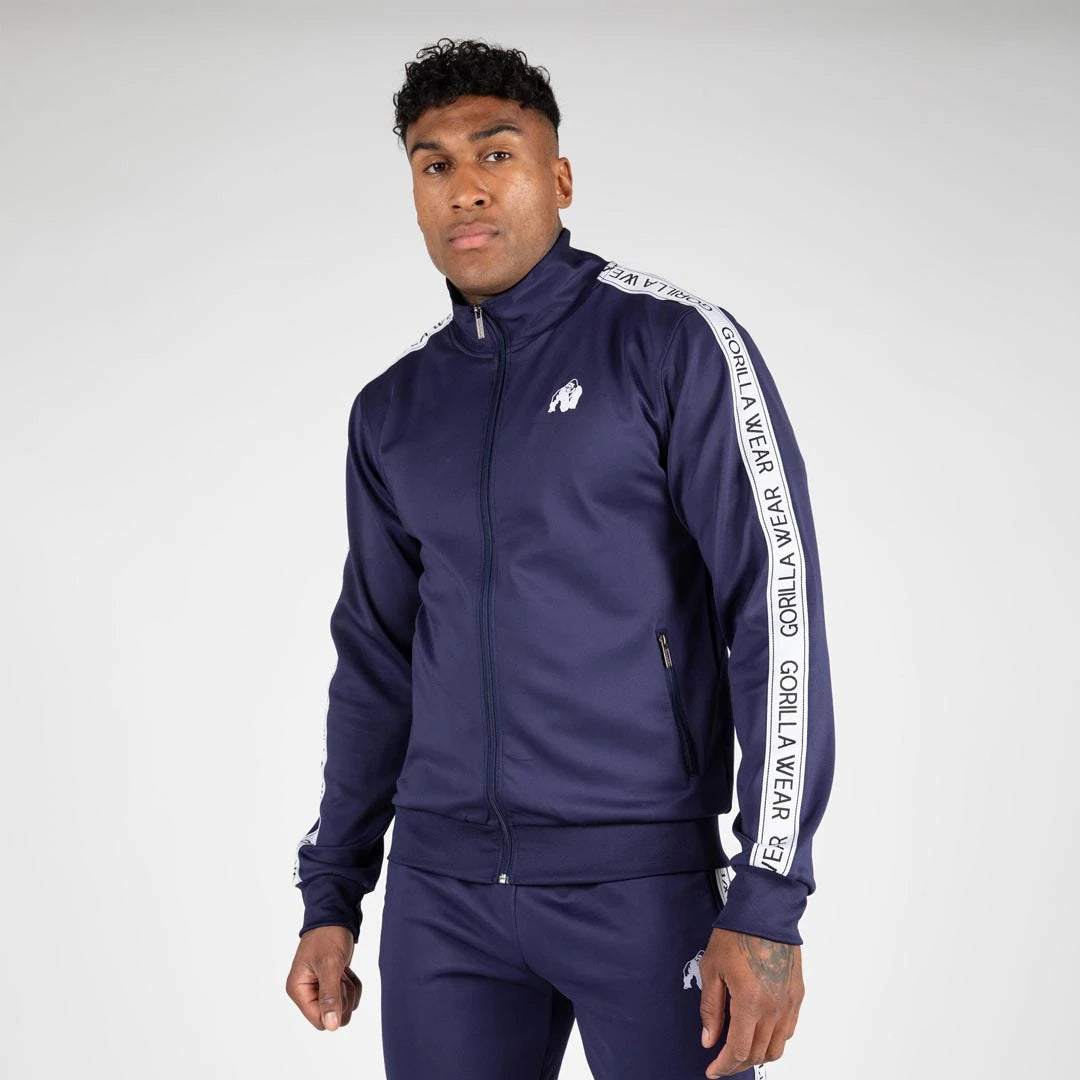 Tummansininen Gorilla Wear Delaware Track Jacket Navy -treenitakki, jossa on täyspitkä vetoketju ja valkoiset logoraidat., kuva 5/7