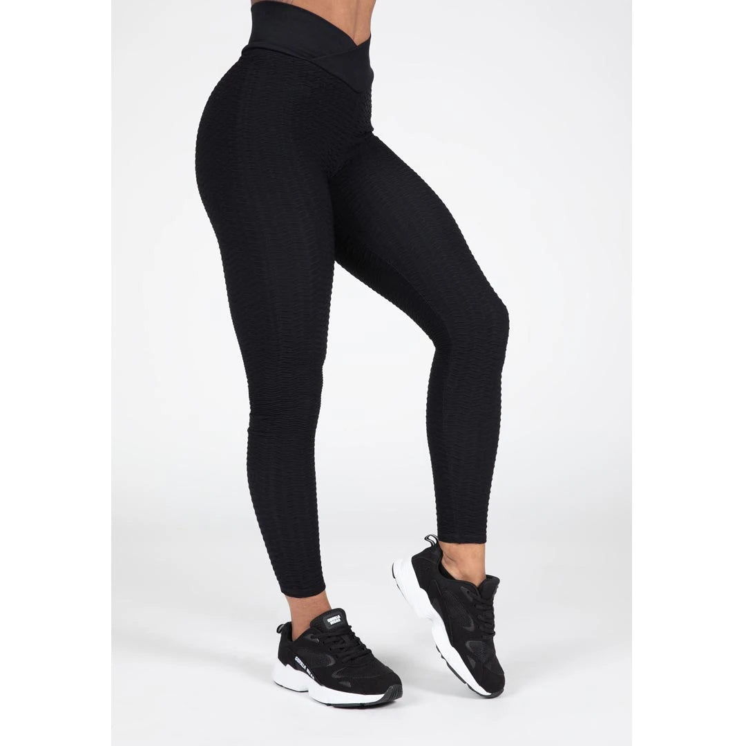 Gorilla Wear Dorris Leggings black, mustat treenitrikoot teksturoidusta kankaasta v-muotoisella vyötäröllä., kuva 3/6