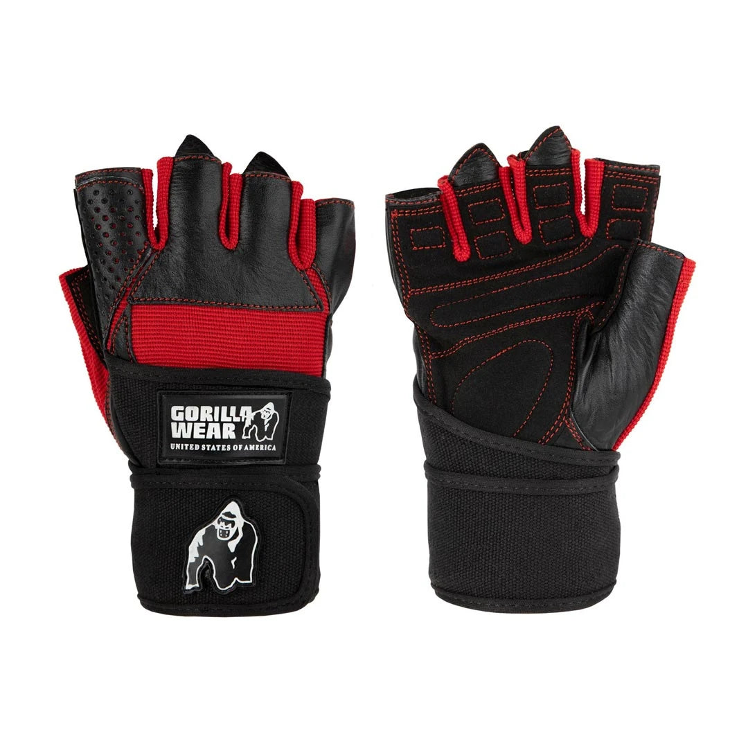 Gorilla Wear Dallas Wrist Wraps Gloves black/red är svarta träningshandskar i läder med röda detaljer och handledslindor., bild 1 av 7