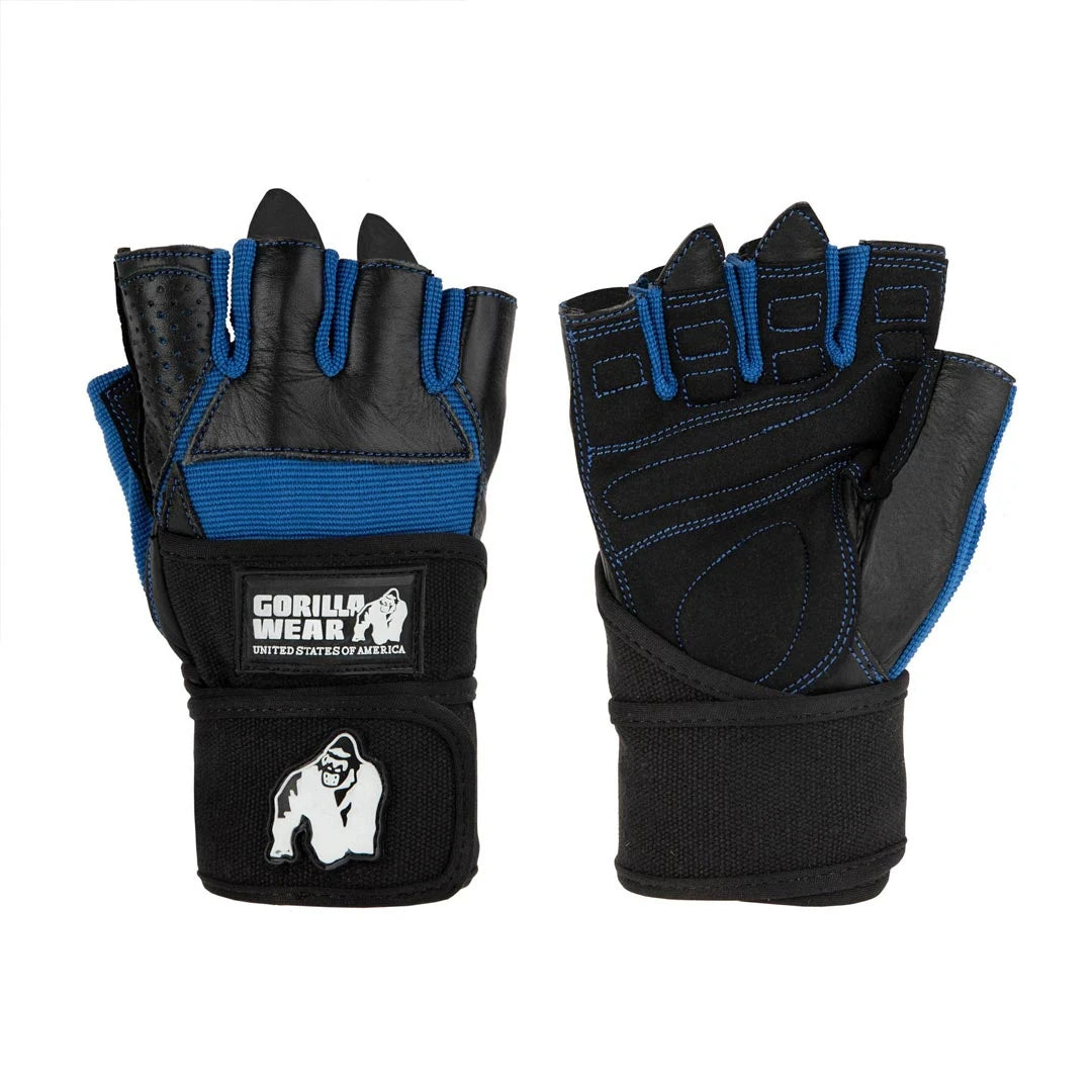 Gorilla Wear Dallas Wrist Wraps Gloves black/blue är svarta träningshandskar med blå mesh och handledslindor., bild 7 av 7