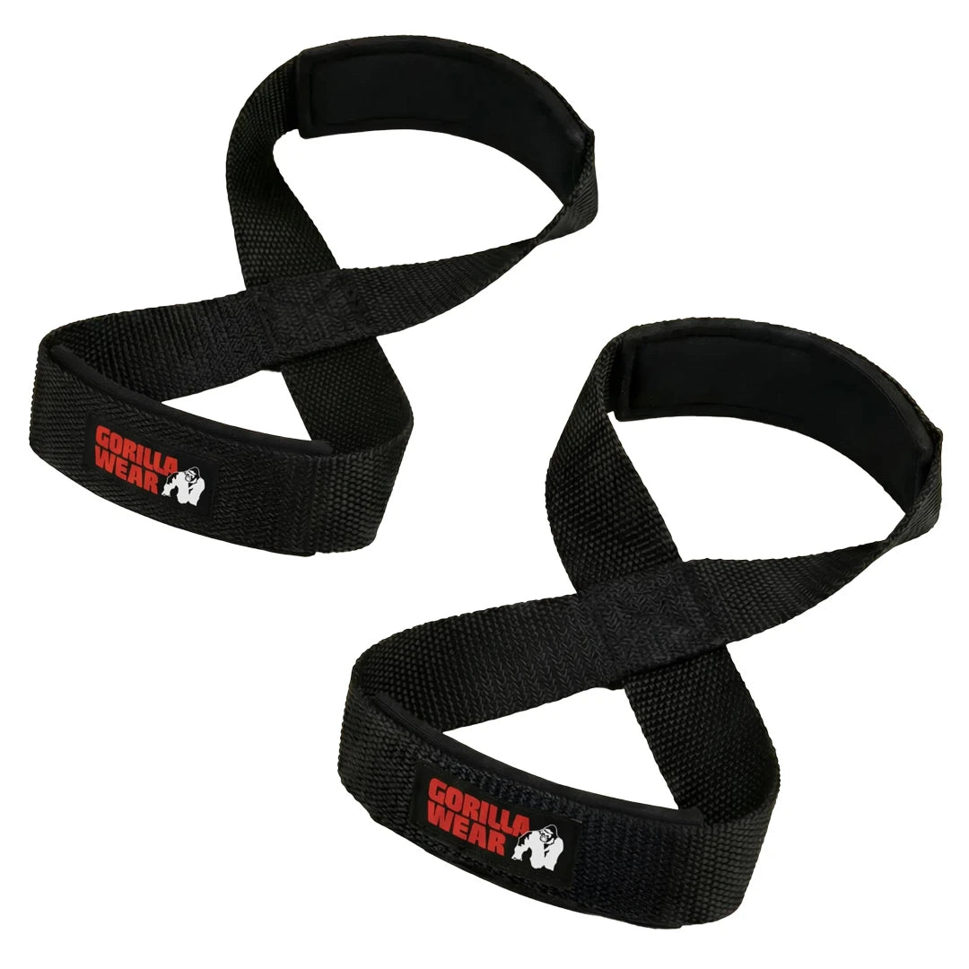 Gorilla Wear Figure 8 Lifting Straps black, ett par svarta vadderade dragremmar med röd och vit logotyp., bild 3 av 3
