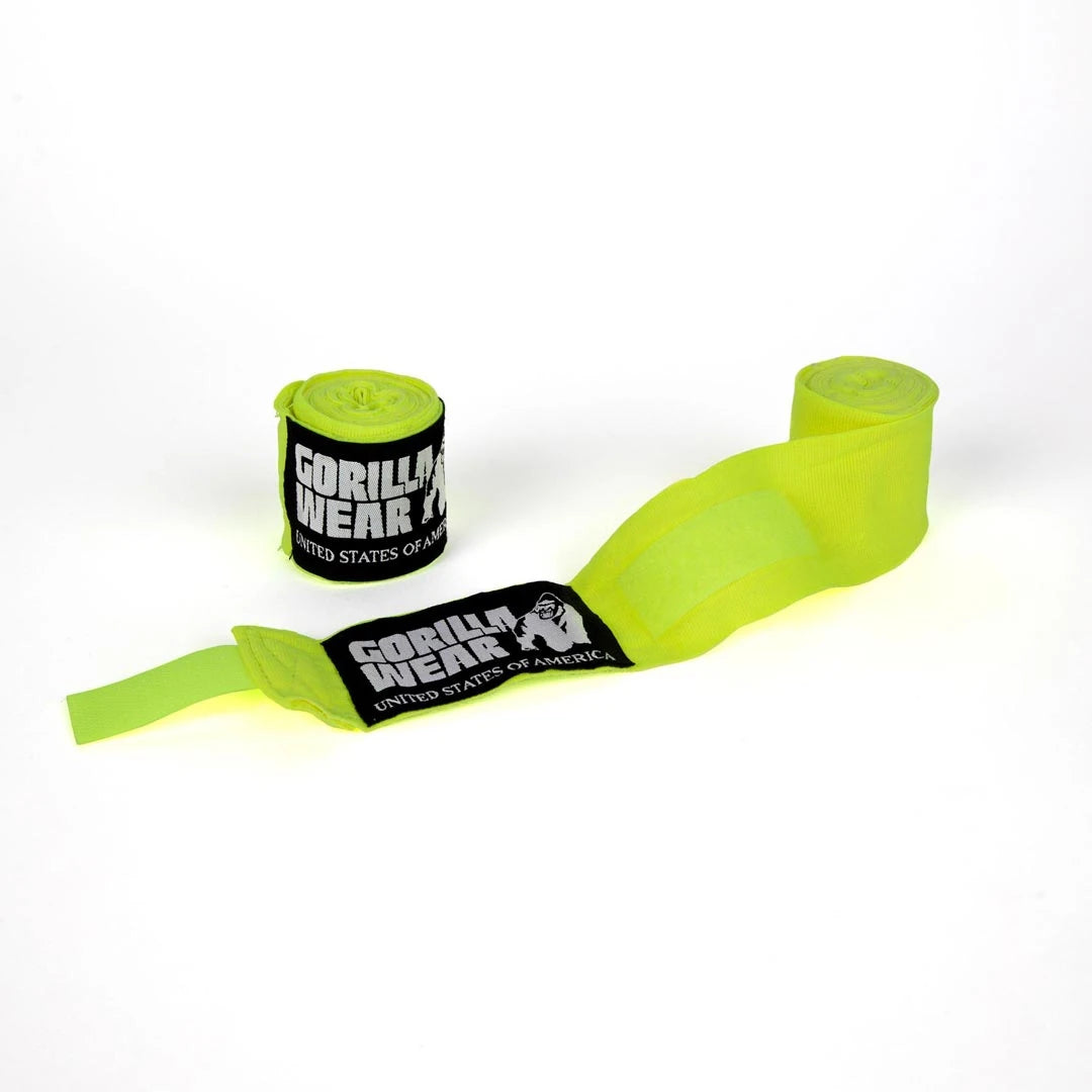 Gorilla Wear Boxing Hand Wraps yellow 2.5 -nyrkkeilysiteet neonkeltaista joustavaa puuvillaa mustilla yksityiskohdilla., kuva 1/1