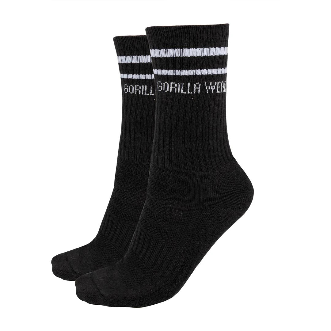 Gorilla Wear Crew Socks 2-Pack black, mustat puuvillasekoitteiset treenisukat valkoisilla raidoilla ja logolla., kuva 3/4