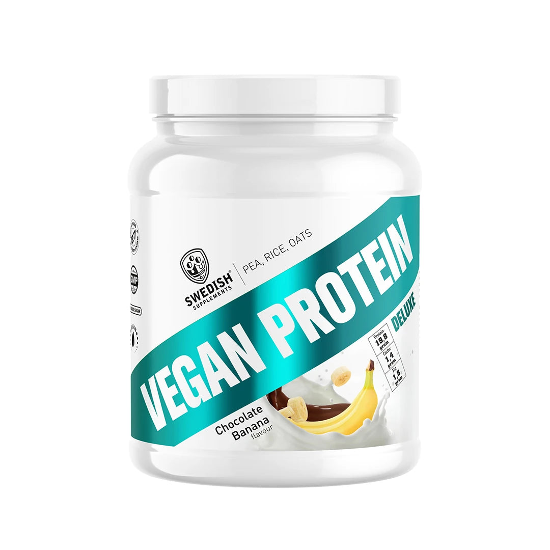 Swedish Supplements Vegan Protein Deluxe 750 g -proteiinijauhe valkoisessa purkissa turkooseilla yksityiskohdilla, makuna Chocolate Banana., kuva 1/1