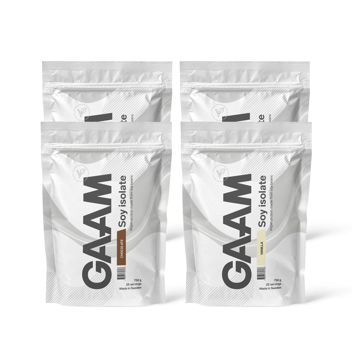 Neljä valkoista pussia 4 x GAAM Soy Isolate 750 g -proteiinijauhetta suklaan ja vaniljan makuisina., kuva 1/1