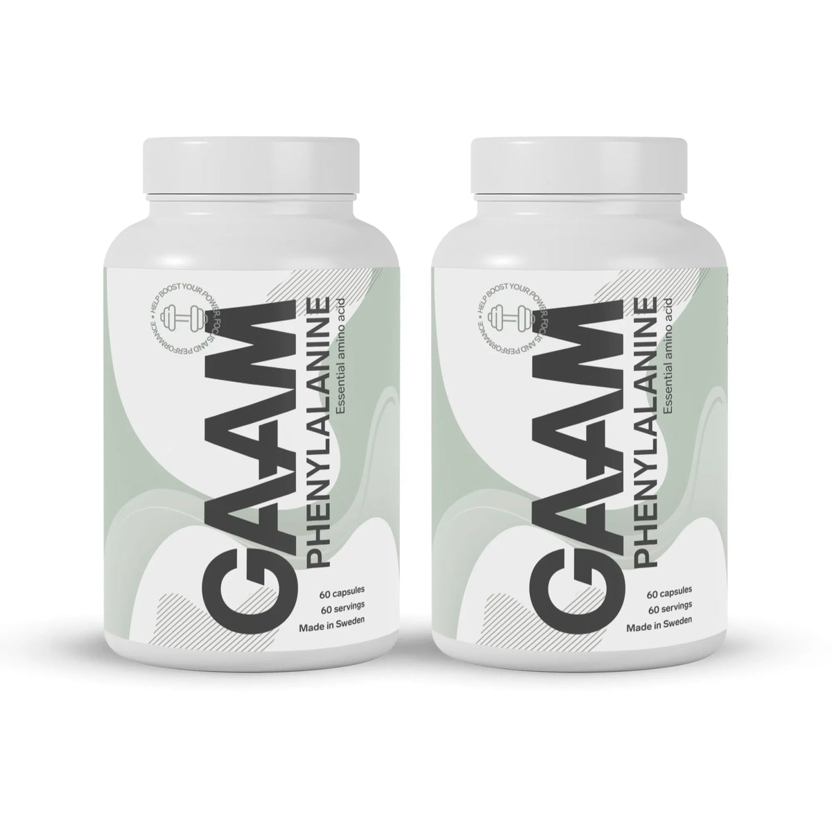 2 x GAAM Phenylalanine 60 caps -ravintolisä valkoisissa purkeissa, joissa on harmaita ja vihreitä yksityiskohtia.