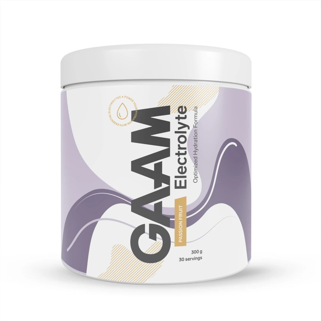 GAAM Electrolyte 300 g -elektrolyyttijauhe valkoisessa purkissa violetilla yksityiskohdilla, makuna Passion Fruit.