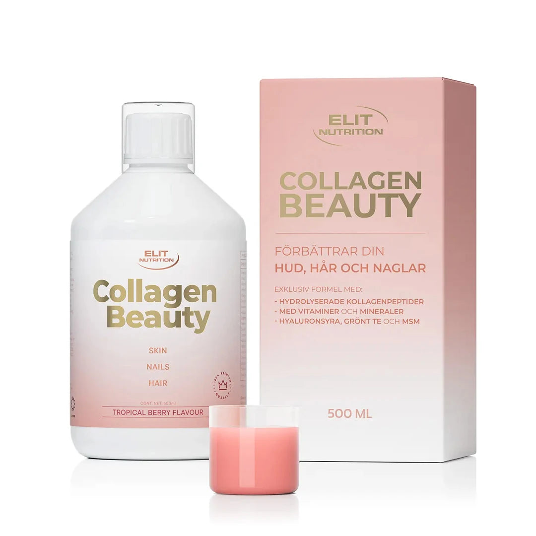 Elit Nutrition Collagen Beauty 500 ml nestemäinen kollageeni valkoisessa pullossa ja vaaleanpunaisessa pakkauksessa, pienen lasin vieressä., kuva 1/2