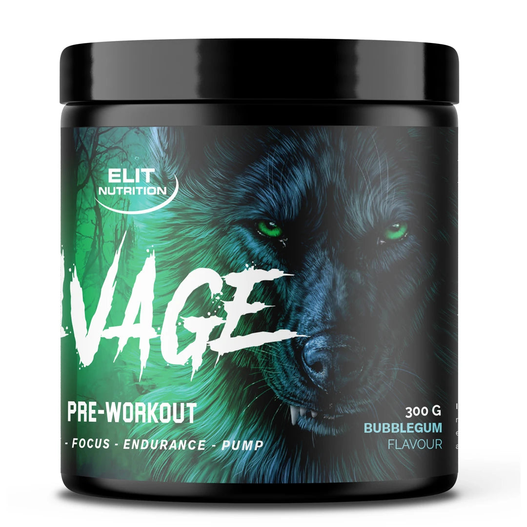 Elit Nutrition Savage PWO 300 g -jauhe mustassa purkissa vihreällä susikuviolla, makuna Bubblegum., kuva 2/2