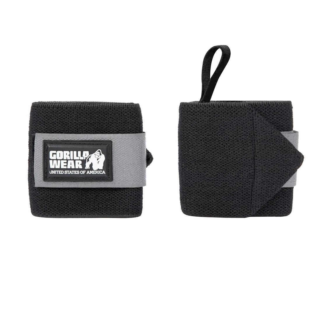 Gorilla Wear Wrist Wraps Basic Black/Grey, svarta handledslindor i elastiskt material med grå kardborre och tumögla., bild 1 av 1
