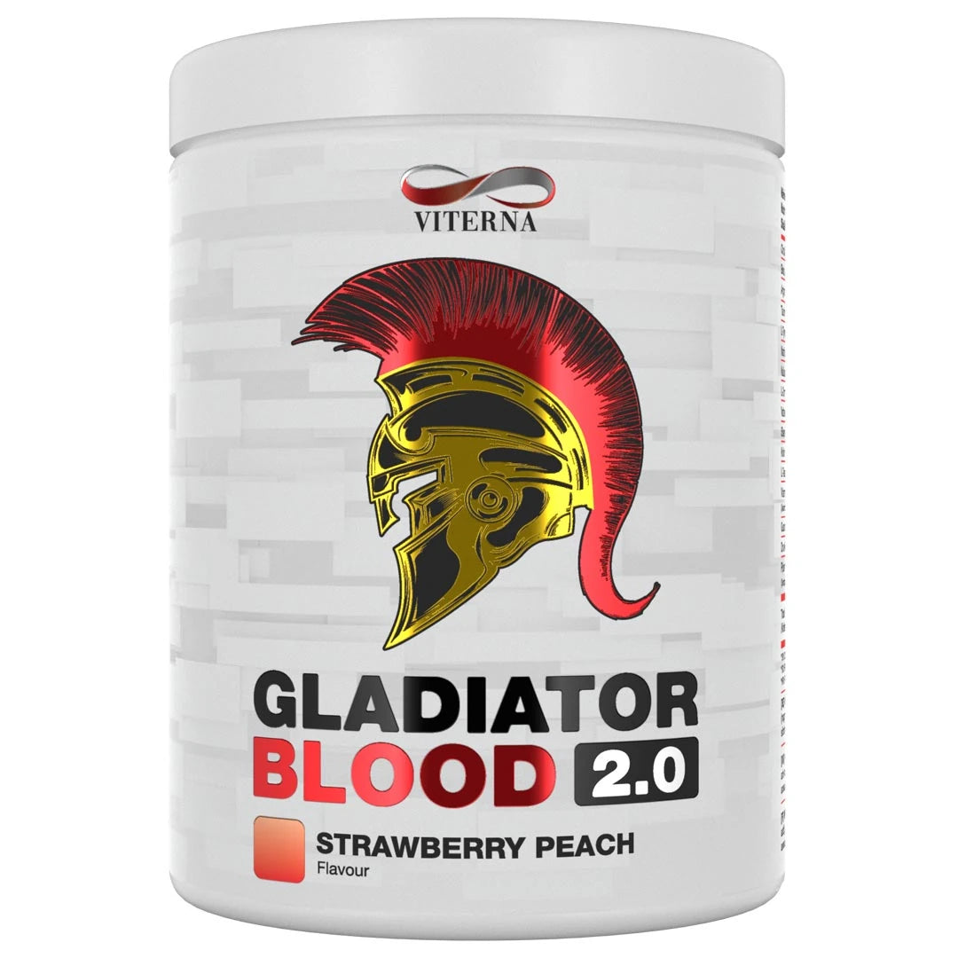 Viterna Gladiator Blood 2.0 460 g PWO valkoisessa purkissa punakultaisella gladiaattorikuviolla, makuna Strawberry Peach., kuva 2/5