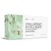 BioTechUSA Hyaluronic & Collagen 120 caps kosttillskott i en vit ask med ljusgrönt marmormönster.