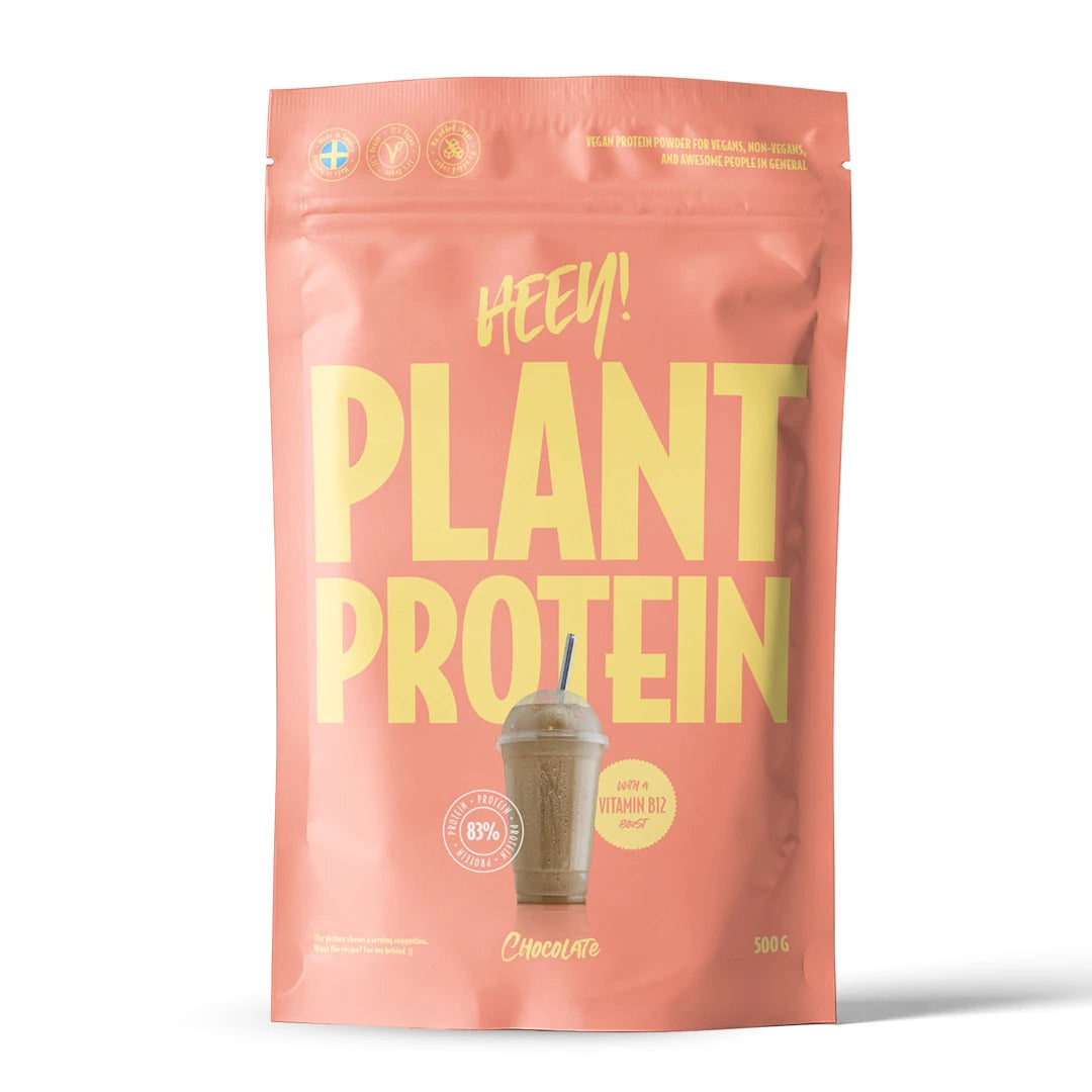 Heey! Vegaaninen proteiini 500 g vaaleanpunaisessa pussissa keltaisilla yksityiskohdilla, makuna suklaa., kuva 1/9