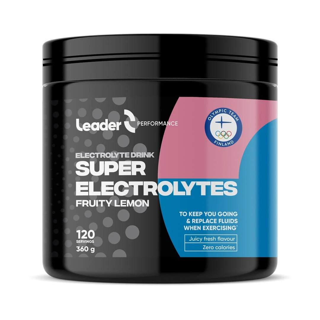 Leader Performance Electrolyte powder 360 g mustassa purkissa pinkki-sinisellä etiketillä, makuna Fruity Lemon., kuva 1/1