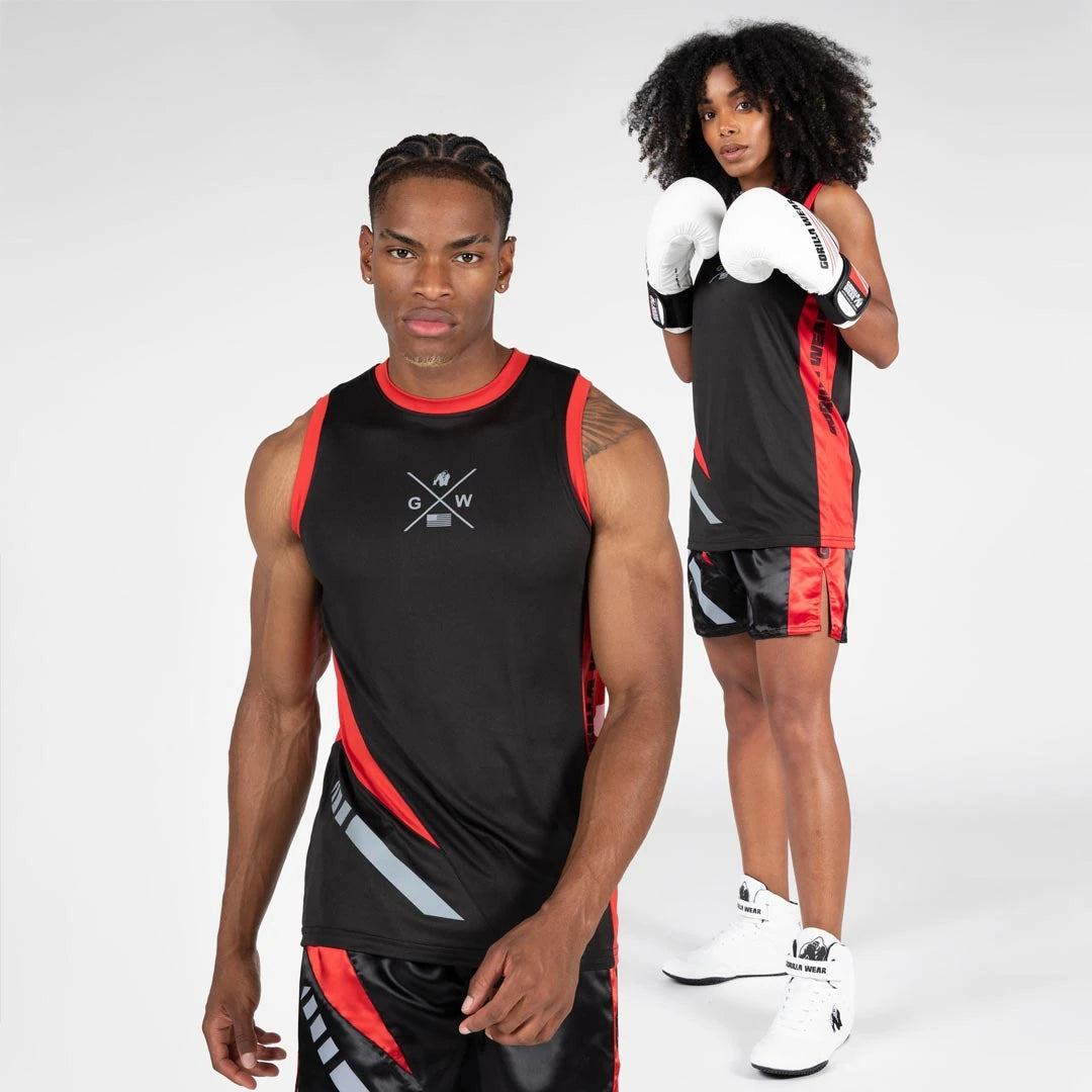 Gorilla Wear Hornell Tank Top Black/Red, mustapunainen unisex-treenitoppi polyesteriä miehen ja naisen yllä., kuva 5/6