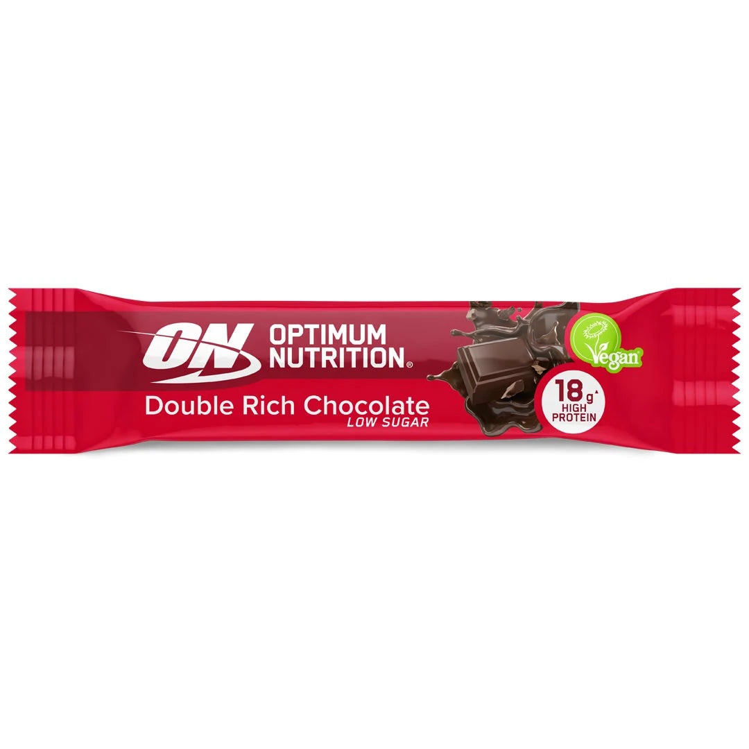 Optimum Nutrition Vegan Protein Bar 60 g punaisessa pakkauksessa, makuna Double Rich Chocolate., kuva 1/2