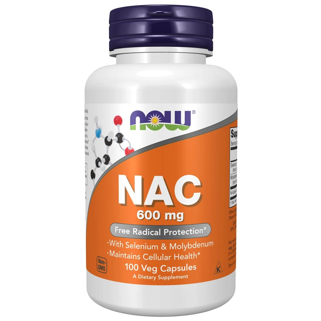 NOW NAC 600 mg 100 caps -ravintolisä valkoisessa muovipurkissa, jossa on oranssi etiketti ja tummansininen kansi., kuva 1/1