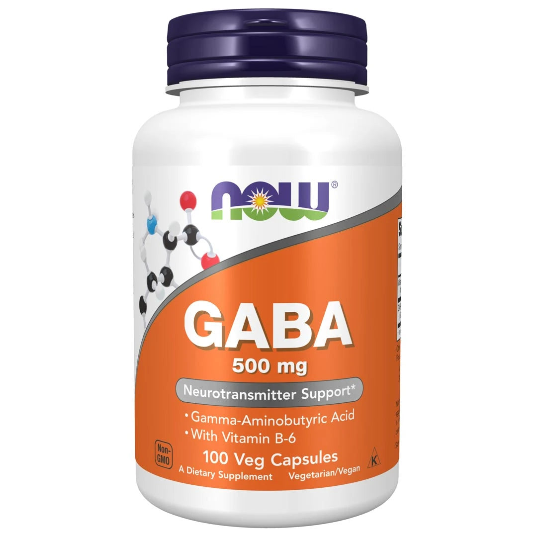 NOW GABA 500 mg 100 caps valkoisessa purkissa, jossa on oranssi etiketti ja tummansininen kansi., kuva 1/1