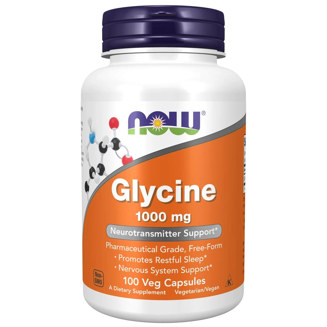 NOW Glycine 1000 mg 100 caps -aminohapot valkoisessa purkissa, jossa on oranssi etiketti ja tummansininen korkki., kuva 1/1
