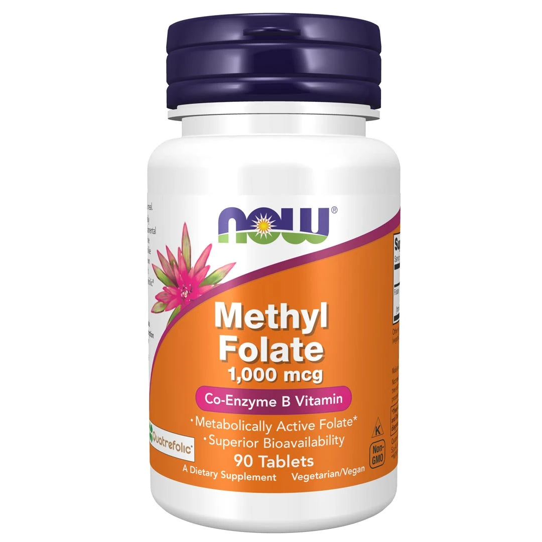 NOW Methylfolate 1000mcg 90 tabs -foolihappolisä valkoisessa purkissa oranssilla etiketillä ja tummanliilalla kannella., kuva 1/1
