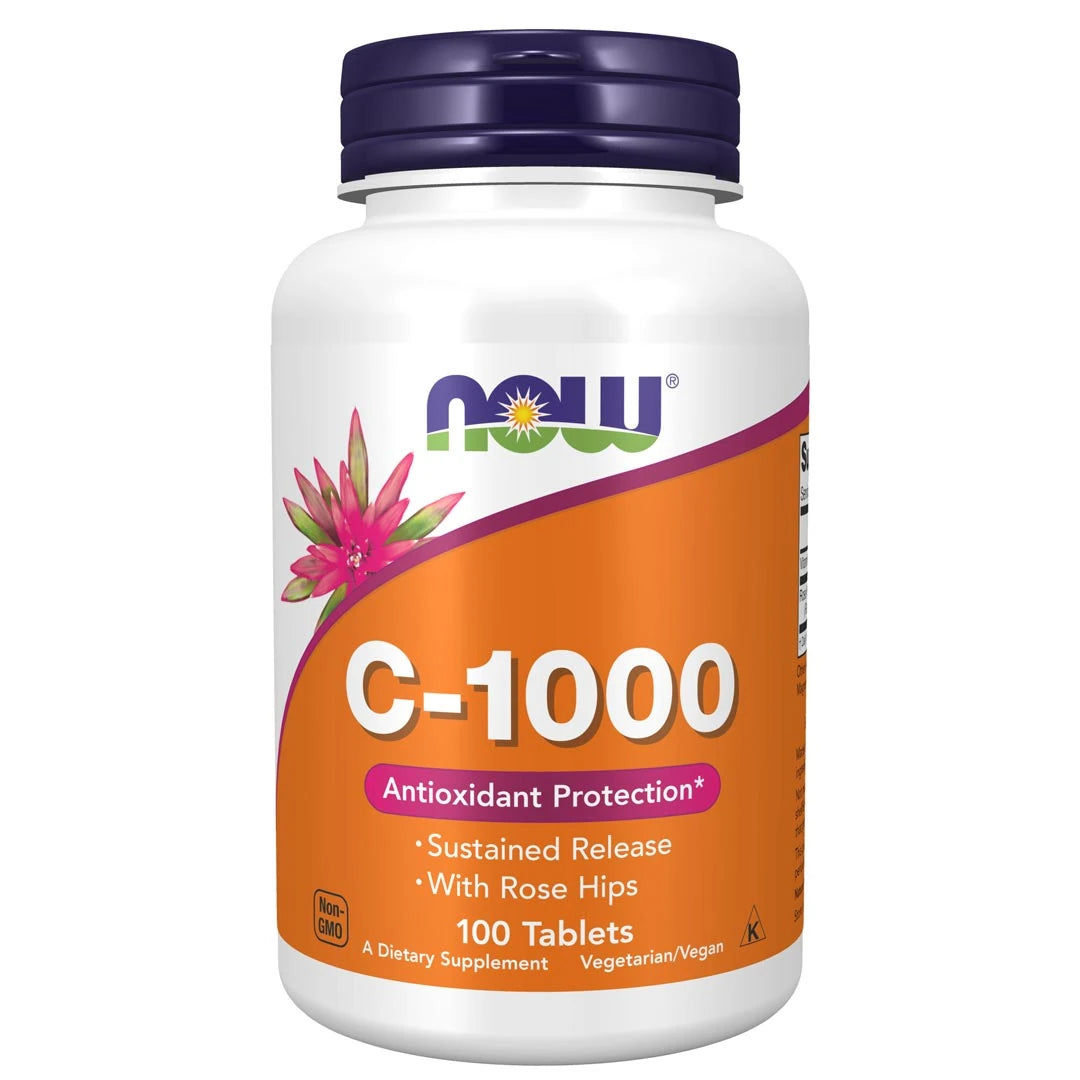 NOW Vitamin C-1000 Sustained Release 100 tabs valkoisessa purkissa, jossa on oranssi etiketti ja tummansininen kansi., kuva 1/1