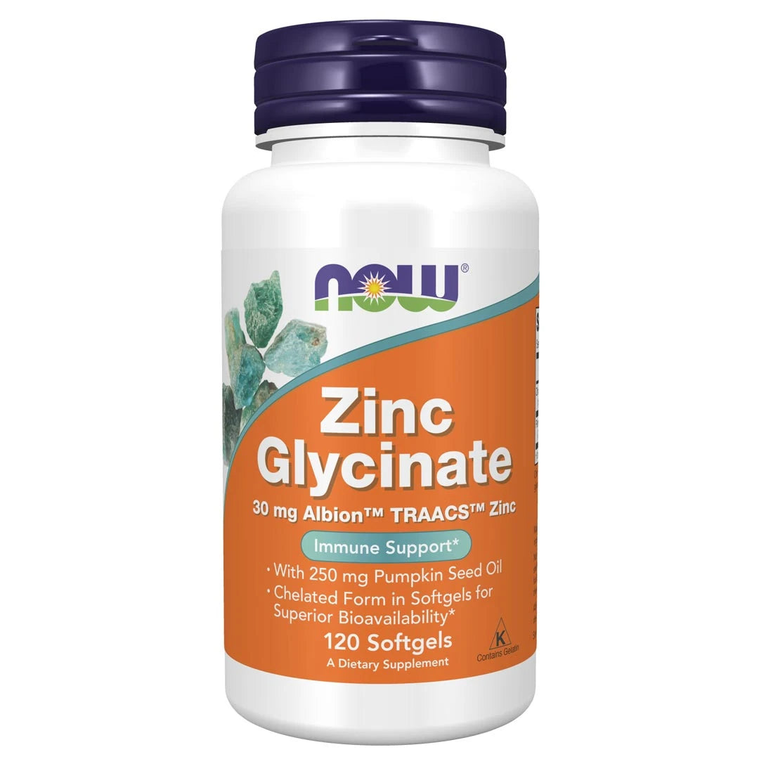NOW Zinc Glycinate 30mg 120 caps valkoisessa purkissa, jossa on violetti kansi ja oranssi etiketti., kuva 1/1