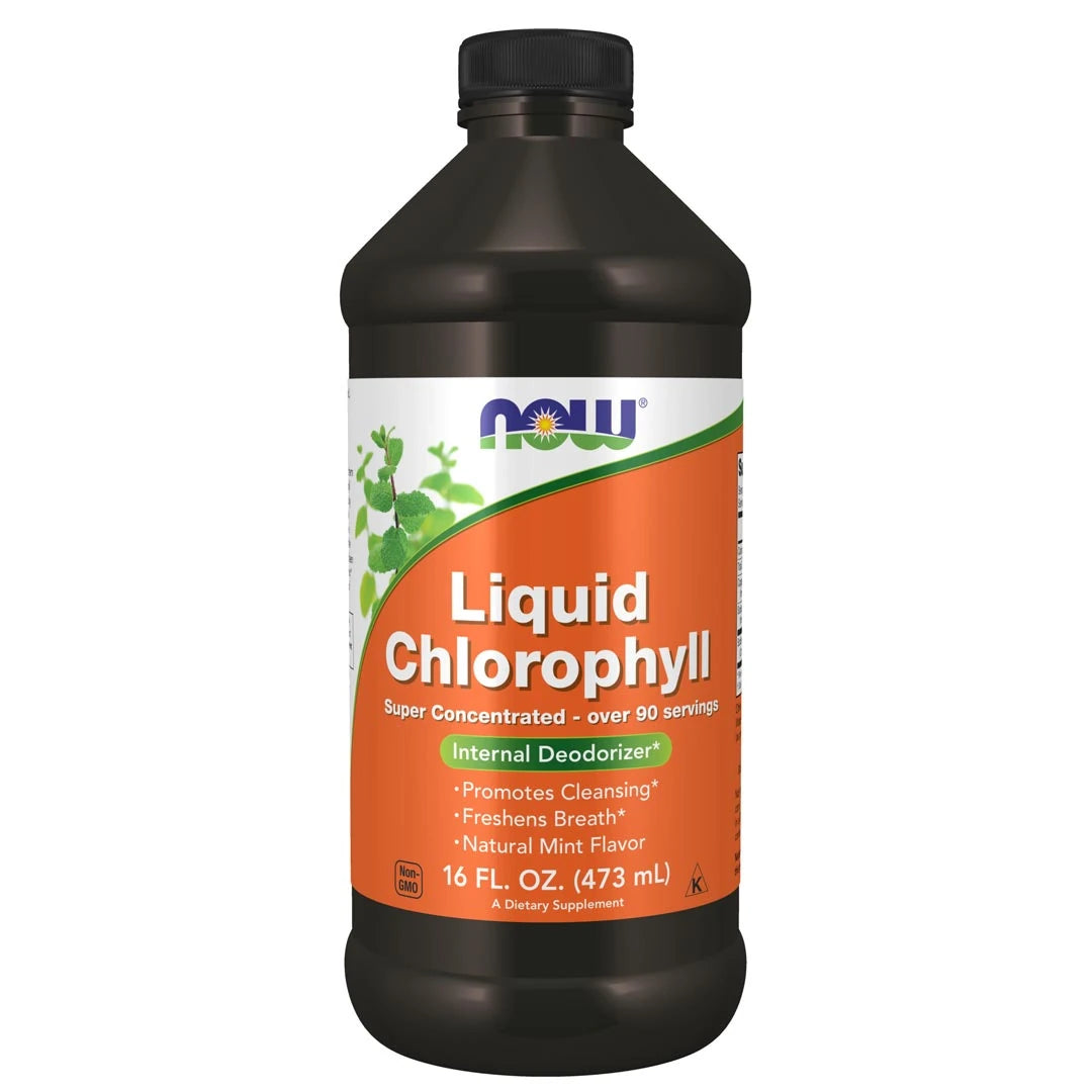 NOW Liquid Chlorophyll 473 ml -nestemäinen ravintolisä tummassa pullossa, jossa on oranssi-valkoinen etiketti., kuva 1/1