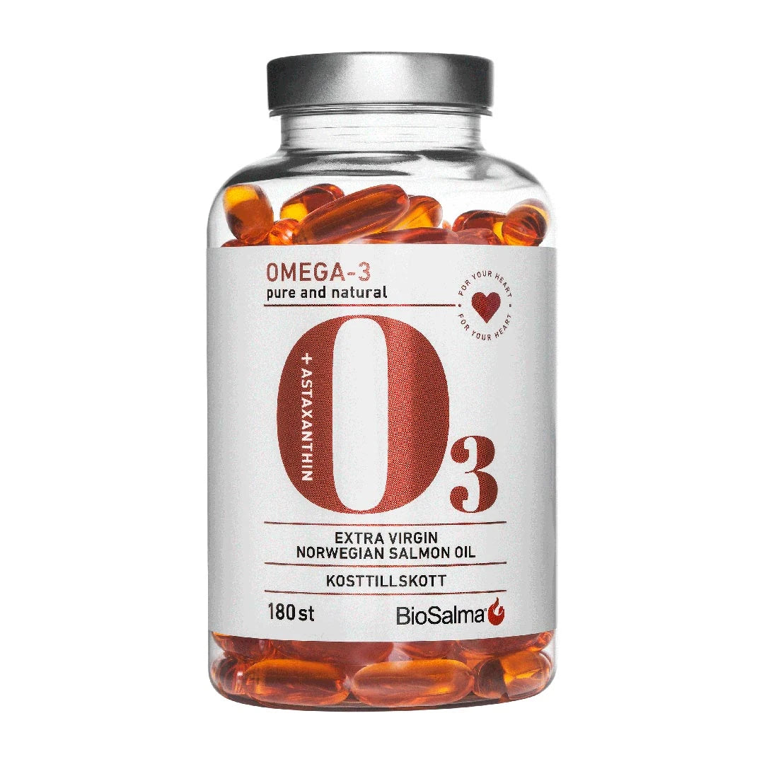 BioSalma Omega-3 Salmonoil 1000 mg 180 caps läpinäkyvässä purkissa valkoisella etiketillä, oranssit kapselit näkyvissä., kuva 1/1