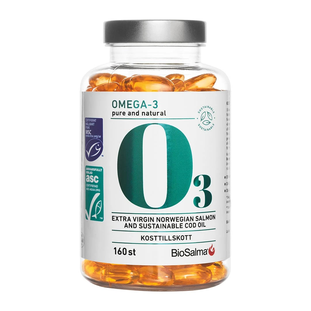 BioSalma Omega-3 Cod &amp; Salmon oil 800 mg 160 caps läpinäkyvässä purkissa, jossa on hopeinen kansi ja kultaisia kapseleita., kuva 1/1