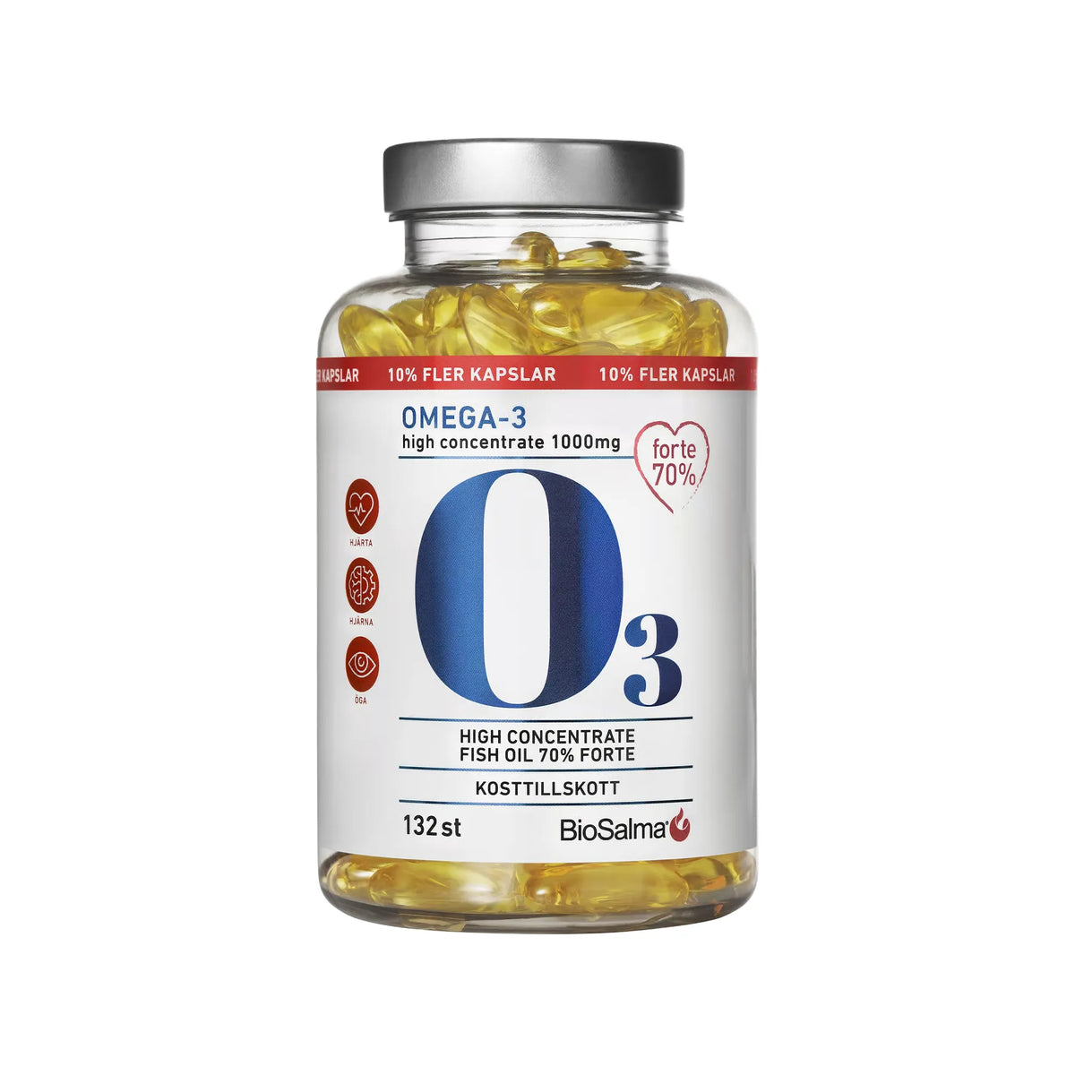 BioSalma Omega-3 Forte 70% 1000 mg 132 caps läpinäkyvässä, hopeakantisessa purkissa kultaisilla kapseleilla., kuva 1/1
