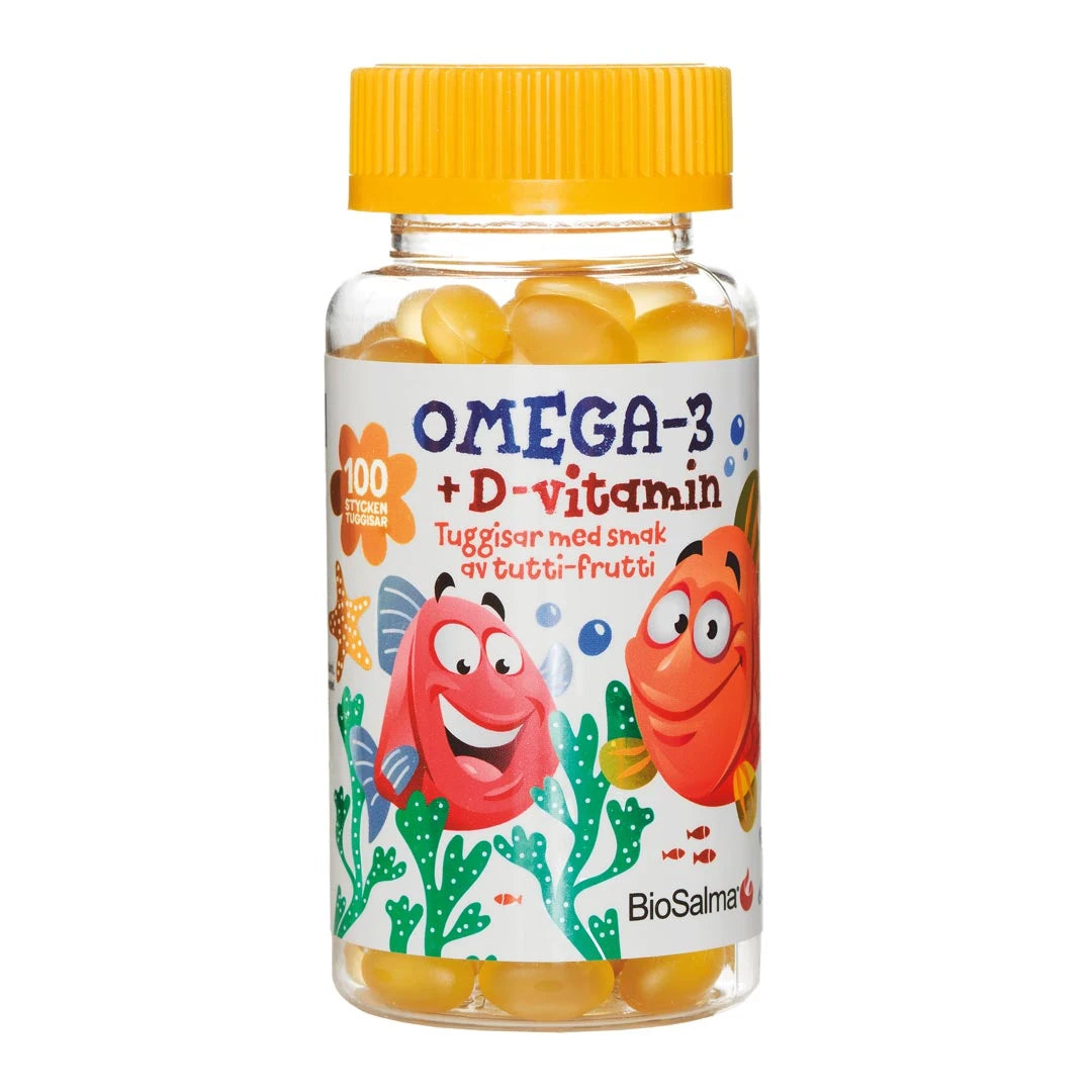 BioSalma Omega-3 100 pcs -lasten purutabletit läpinäkyvässä purkissa, jossa on keltainen kansi ja värikkäitä kaloja., kuva 1/1