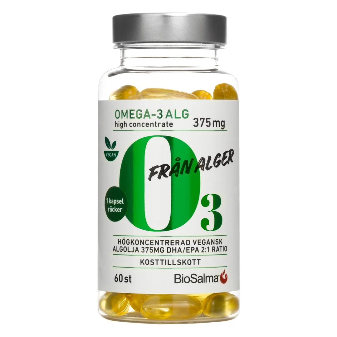 BioSalma Omega-3 Alg 375 mg 60 caps läpinäkyvässä purkissa, jossa on valkoinen etiketti ja kultaisia kapseleita., kuva 1/1