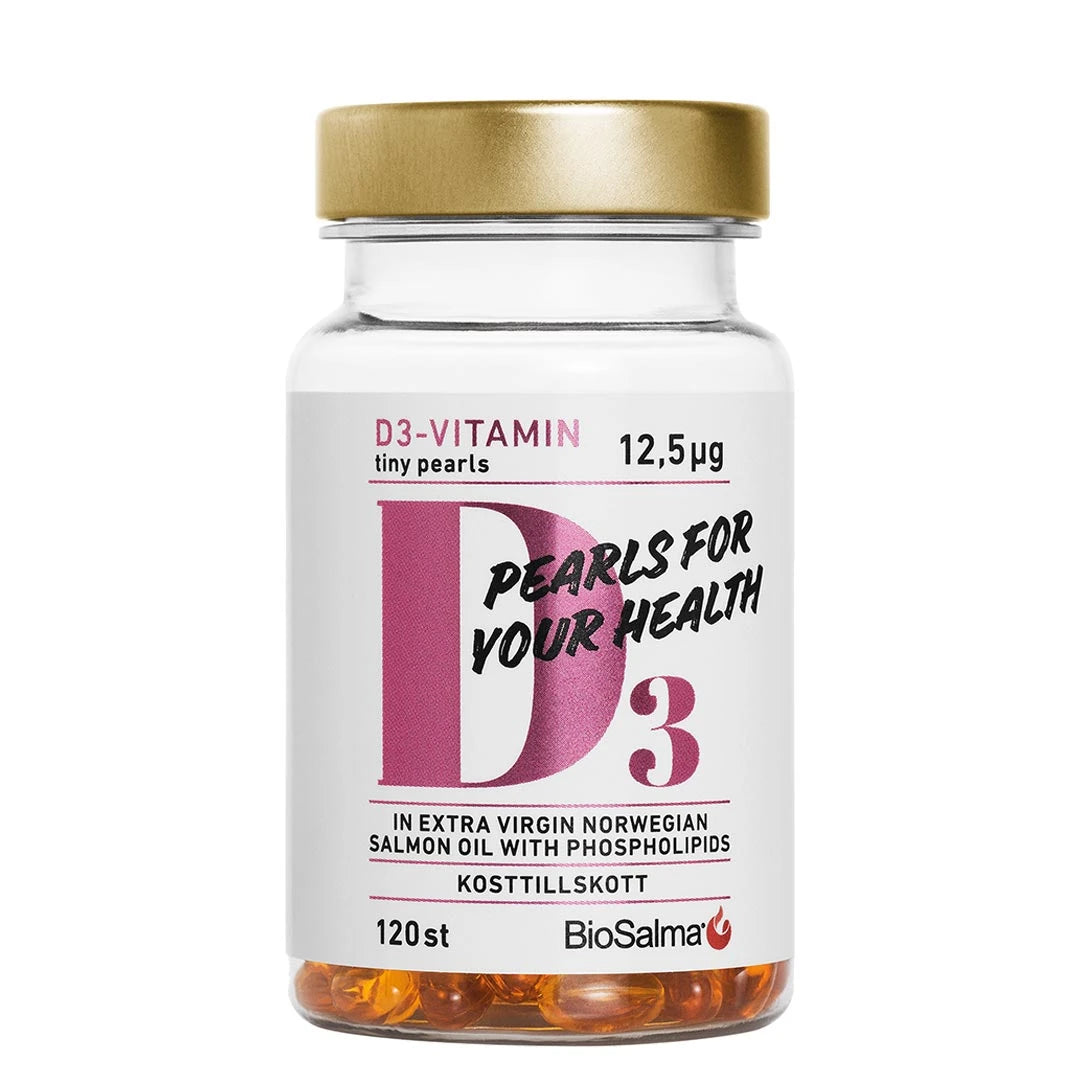 BioSalma D3-vitamin Tiny Pearls 12.5ug 120 caps i en transparent burk med vitt och rosa etikett samt guldfärgat lock., bild 1 av 1