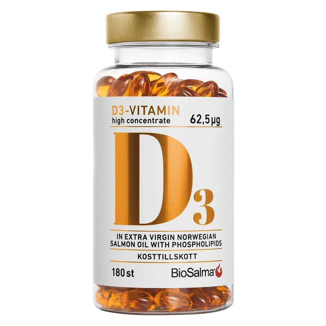 BioSalma D3-vitamin high concentrate 62.5 ug 180 caps i en klar burk med vit etikett, guldkork och gyllene kapslar., bild 1 av 1