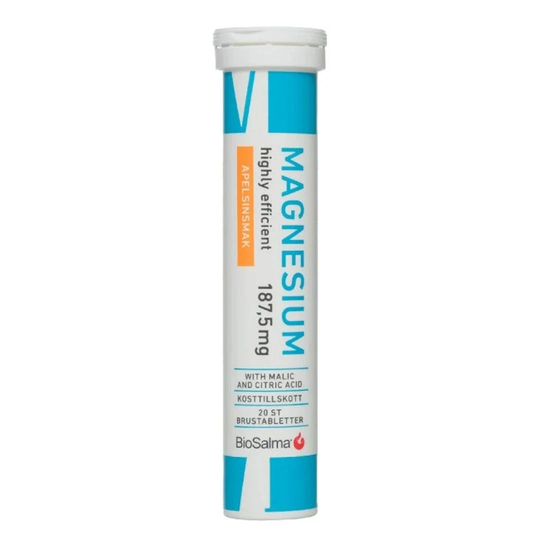 BioSalma Magnesium Brus 20 tabs, valkoinen putkilo vaaleansinisillä yksityiskohdilla appelsiininmakuisille poretableteille., kuva 1/1