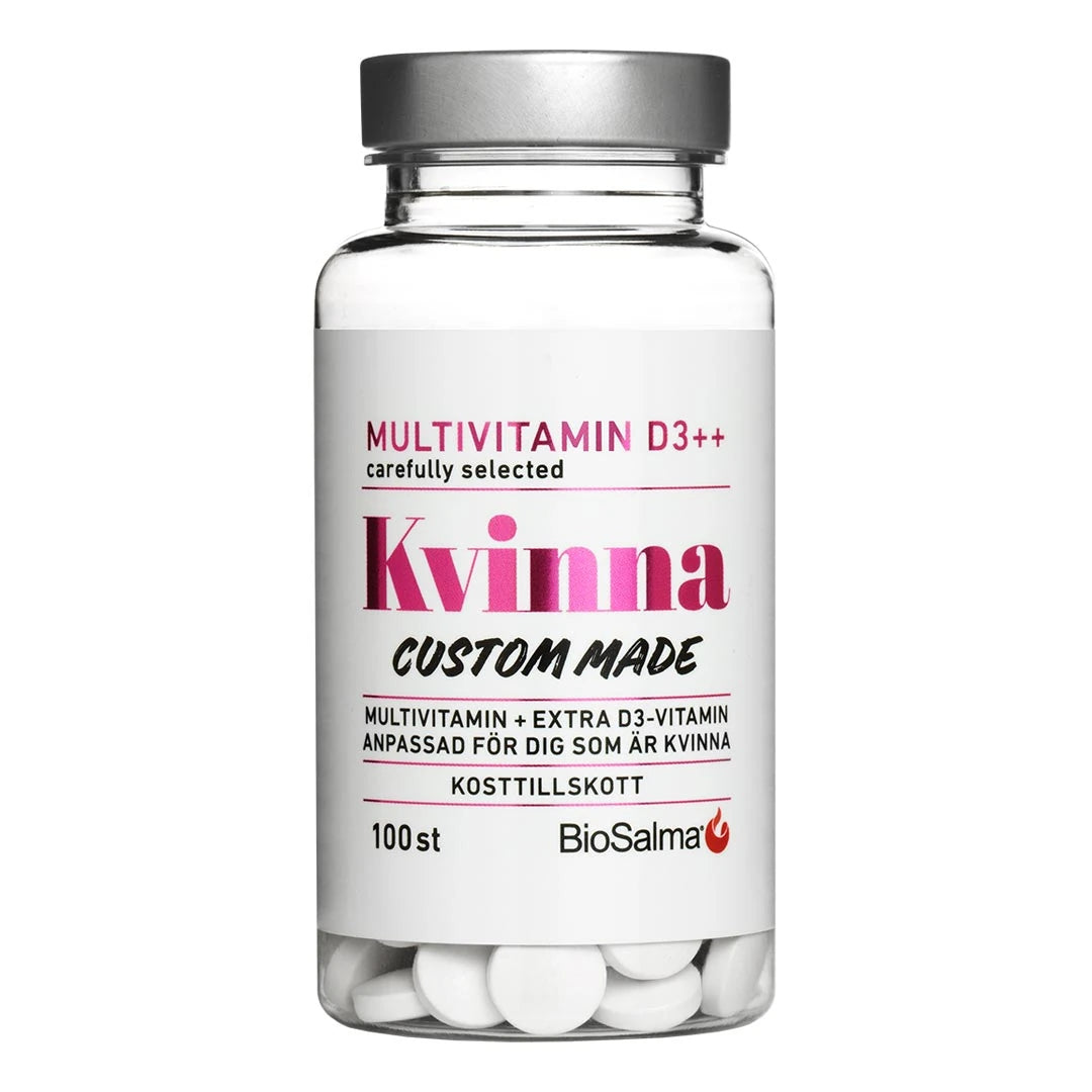 BioSalma Multivitamin Kvinna D3++ 100 tabs läpinäkyvässä purkissa, valkoinen etiketti, pinkit yksityiskohdat ja hopeakansi., kuva 1/1