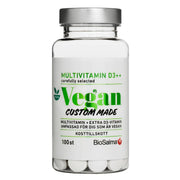 BioSalma Multivitamin Vegan D3++ 100 tabs läpinäkyvässä muovipurkissa hopeakannella ja valkoisella etiketillä.