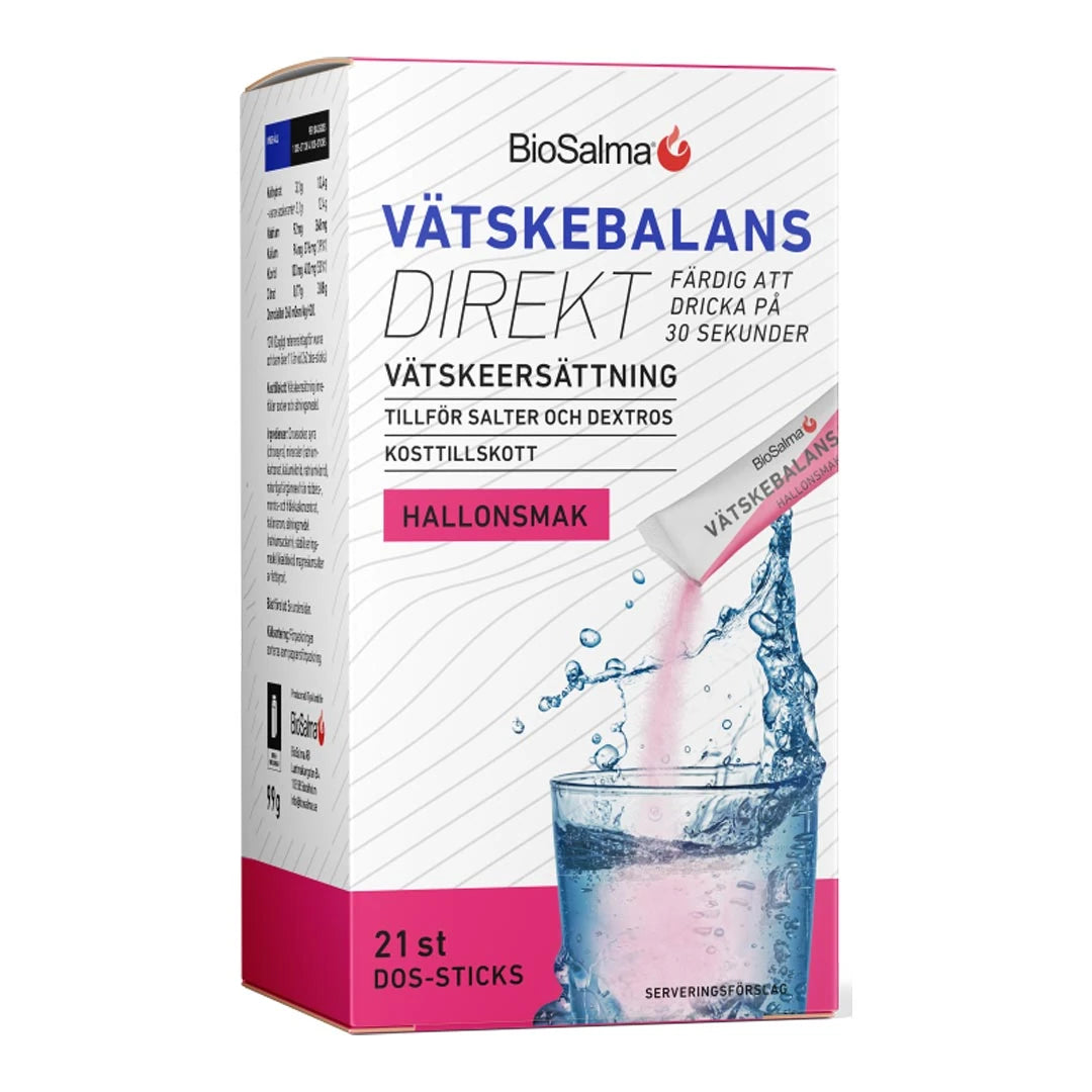 BioSalma Vätskebalans Direkt 21 pcs vätskeersättning i en vit och rosa ask med hallonsmak., bild 1 av 2