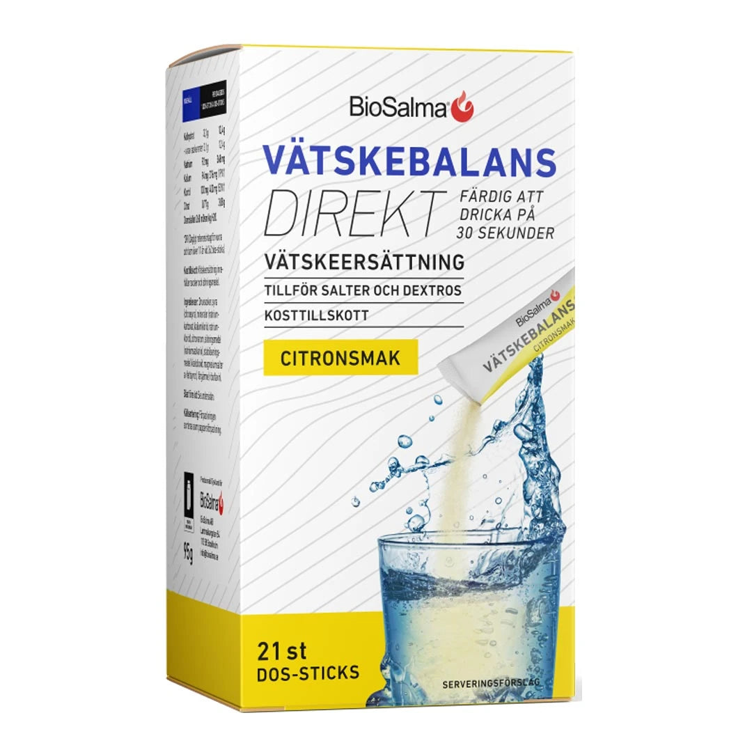 BioSalma Vätskebalans Direkt 21 pcs vätskeersättning, vit och gul kartong med citronsmak och ett glas vatten., bild 2 av 2