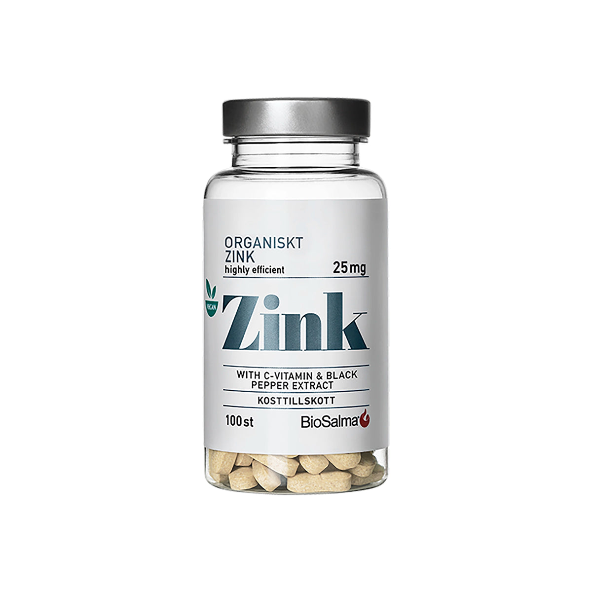 BioSalma Organiskt Zink 25 mg 100 tabs läpinäkyvässä purkissa hopeisella kannella ja valkoisella etiketillä., kuva 1/1