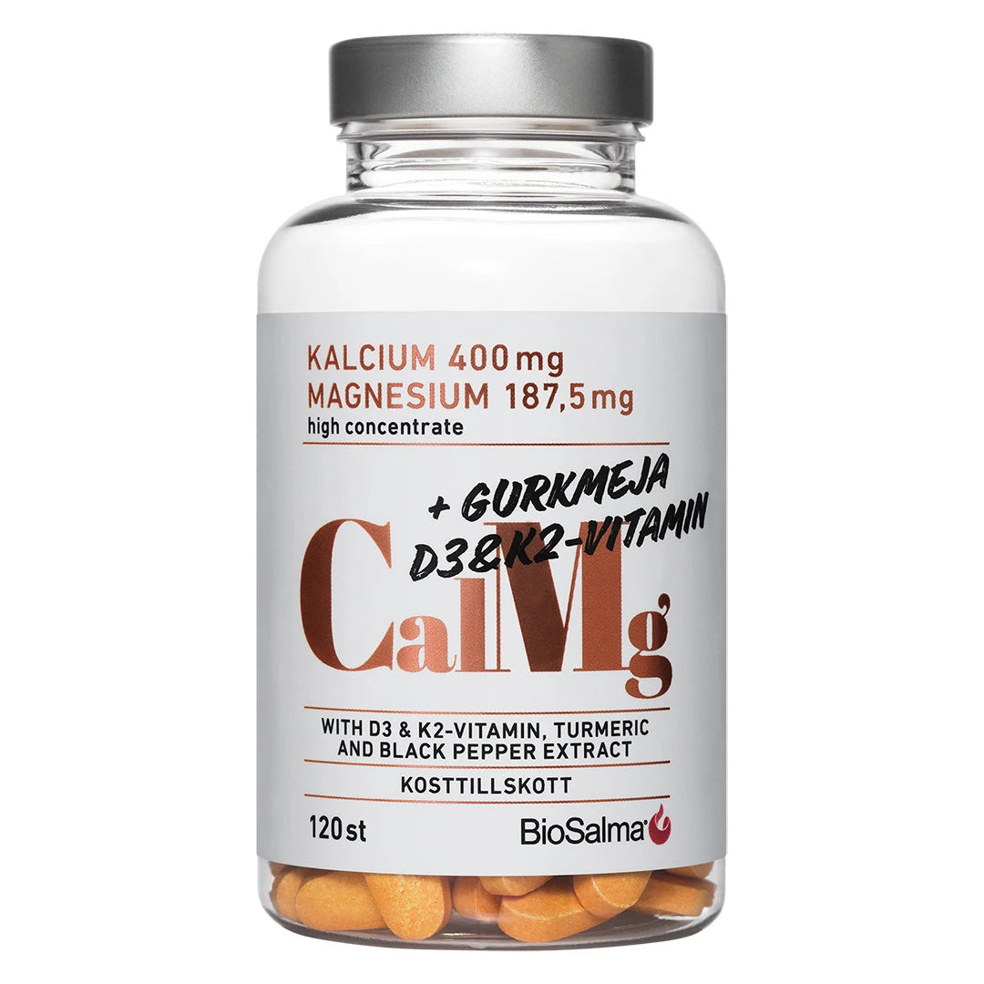 BioSalma Kalcium+ Magnesium 120 tabs läpinäkyvässä purkissa, jossa musta kansi ja valkoinen etiketti kupariyksityiskohdin., kuva 1/1