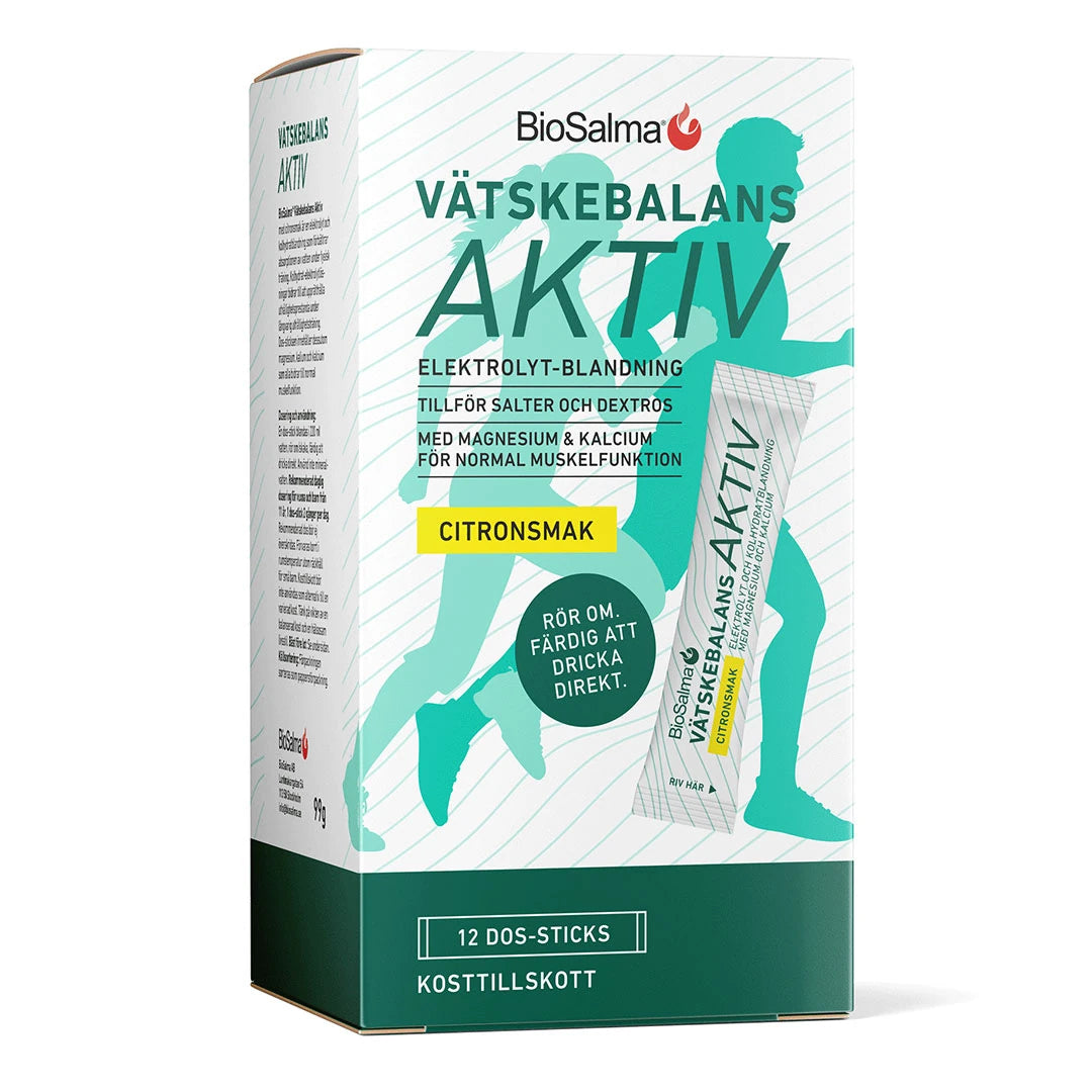 BioSalma Vätskebalans Aktiv 12 pcs sitruunanmakuinen nestetasapainovalmiste valkovihreässä pahvirasiassa., kuva 1/1