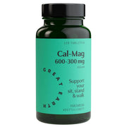 Great Earth Cal-Mag 600-300 mg 120 tab, veganska mineraler i en mörkgrön burk med turkos etikett.
