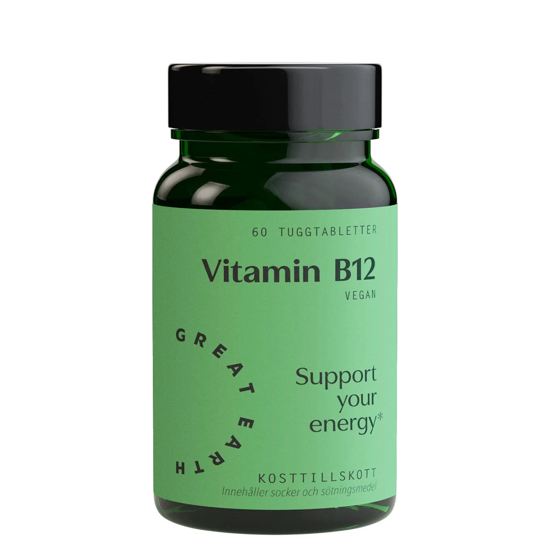 Great Earth Vitamin B12 60 purutablettia pakattuna vihreään purkkiin, jossa on musta kansi., kuva 1/1
