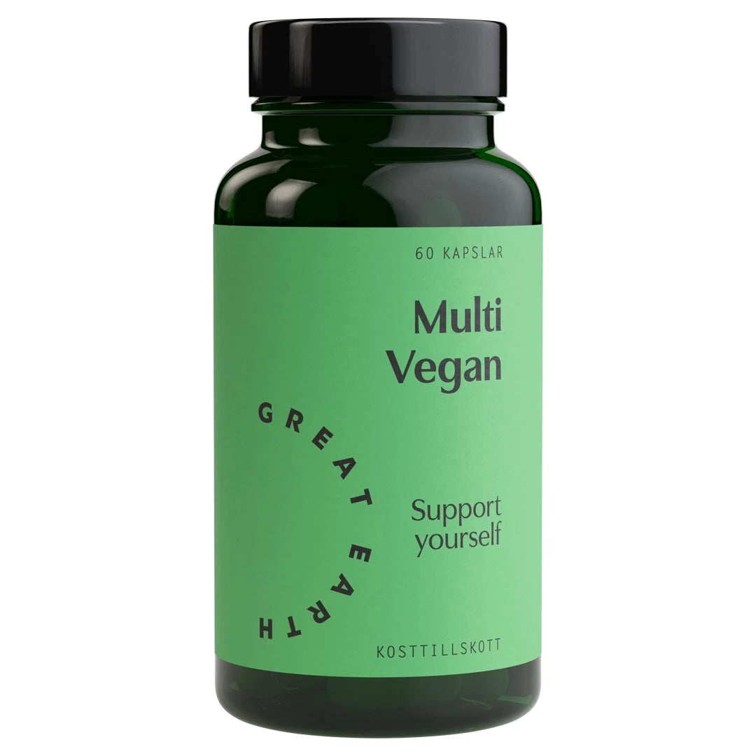 Great Earth Multi Vegan 60 caps, vegaaninen monivitamiini tummanvihreässä purkissa vaaleanvihreällä etiketillä., kuva 1/1